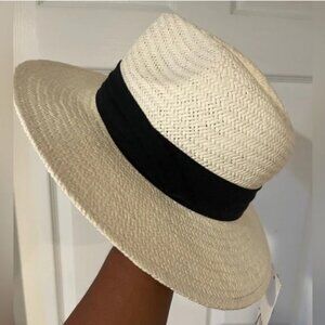 NWT Cream Straw Fedora Style Hat with Black BanD